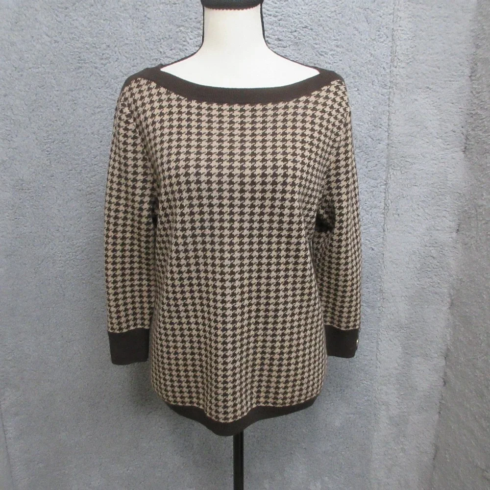 Talbots Merino Wool Sweater Womens Petite Large Brown Houndstooth Classic Preppy
